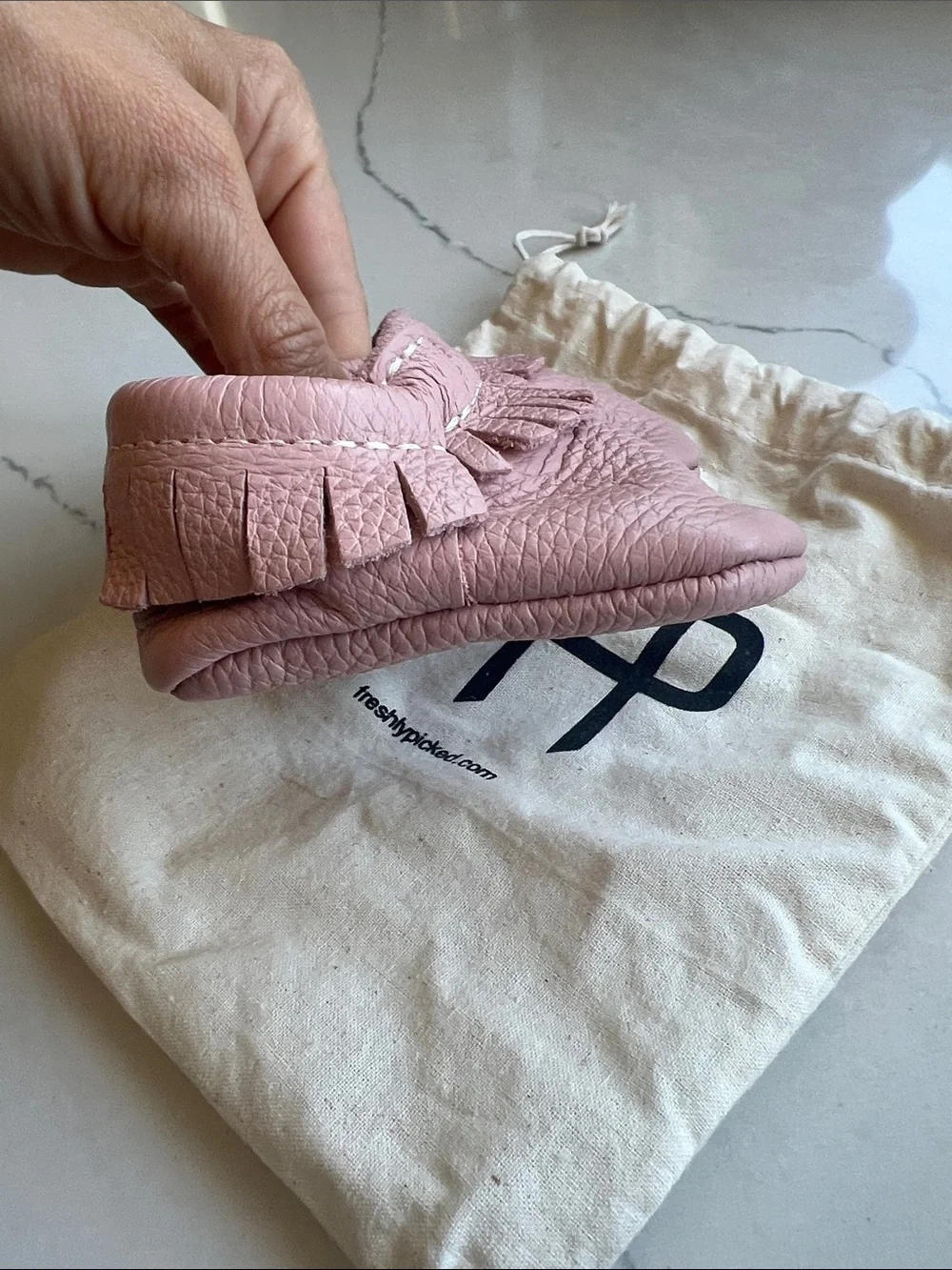 Freshly Picked Blush Pink Leather Zion Fringe Baby Moccasins
